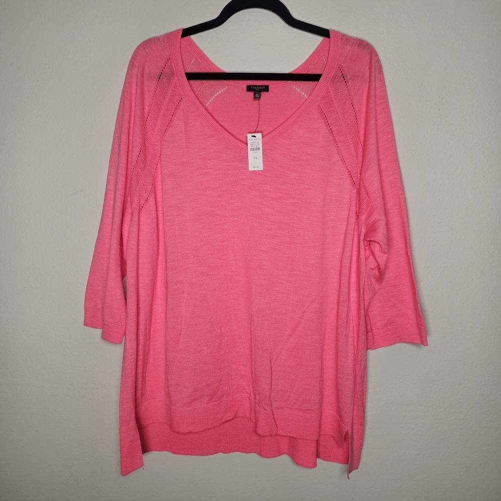 Talbots Womens 3X‎ Pink V-Neck 3/4 Sleeve Cotton Sweater Open Knit Lightweight